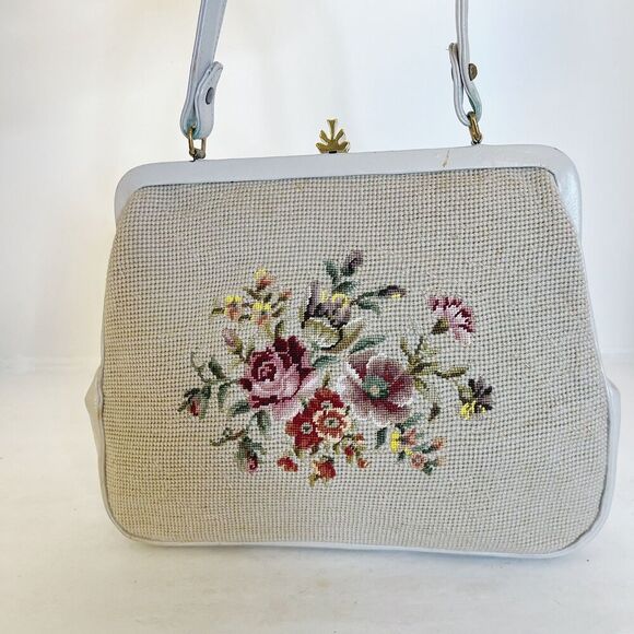 Vintage 1950s Floral Needlepoint Beige Handbag Shoulder Bag Purse - Picture 3 of 8